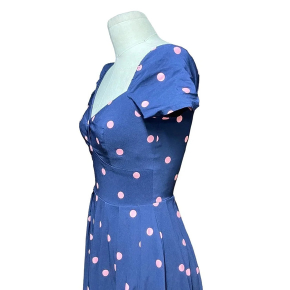 Unique Vintage Polka Dot Fit & Flare Dress Blue Pink Size Small - Picture 5 of 11